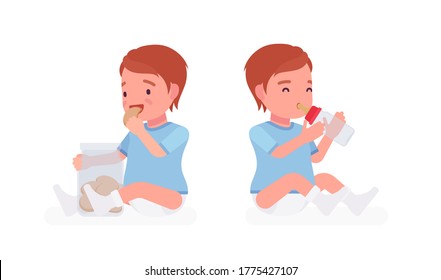 Toddler Child, Little Boy Eating Cookies, Drinking From Bottle For Nutrition. Cute Sweet Happy Healthy Baby Aged 12 To 36 Months, Wearing Blue Tee Shirt, Diaper. Vector Flat Style Cartoon Illustration