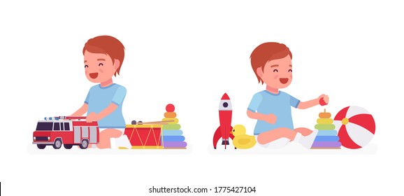 Toddler Child, Little Boy Enjoys Playing With Toys. Cute Sweet Happy Healthy Baby Aged 12 To 36 Months Wearing Blue Tee Shirt And Diaper. Vector Flat Style Cartoon Illustration
