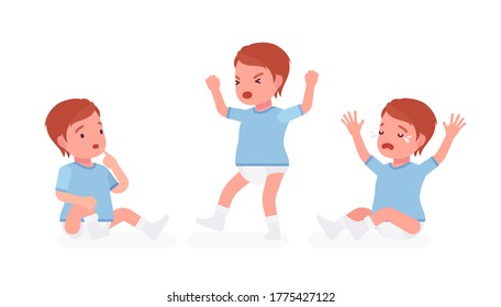 Toddler Child, Little Boy Expressing Different Emotions. Cute Sweet Happy And Sad Healthy Baby Aged 12 To 36 Months Wearing Blue Tee Shirt And Diaper. Vector Flat Style Cartoon Illustration