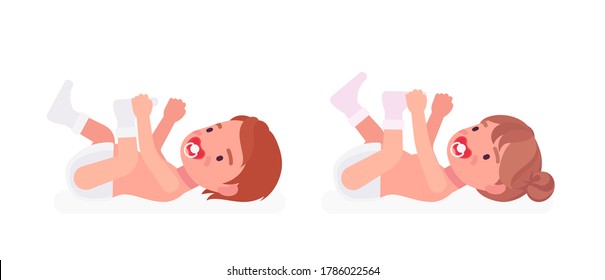 Toddler child, little boy, girl playing lying on the back. Cute sweet happy healthy baby aged 12 to 36 months with soothie pacifier, wearing diaper, white socks. Vector flat style cartoon illustration