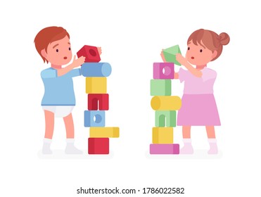 Toddler Child, Little Boy And Girl Playing With Stacking Cubes, Make Tower. Cute Sweet Happy Healthy Baby Aged 12 To 36 Months Wearing Blue Tee Shirt, Dress. Vector Flat Style Cartoon Illustration