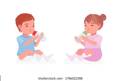 Toddler Child, Little Boy And Girl Drinking From Bottle For Nutrition. Cute Sweet Happy Healthy Baby Aged 12 To 36 Months, Wearing Blue Tee Shirt, Diaper, Dress. Vector Flat Style Cartoon Illustration