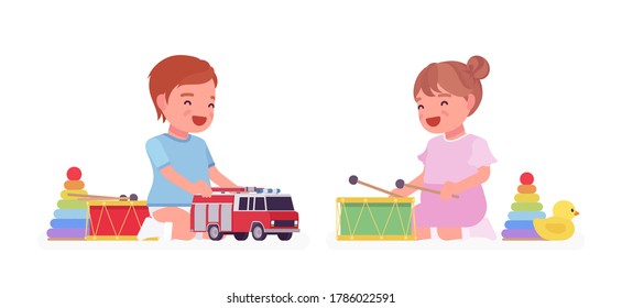 Toddler Child, Little Boy And Girl Enjoy Playing With Toys. Cute Sweet Happy Healthy Baby Aged 12 To 36 Months Wearing Blue Tee Shirt And Diaper, Pink Dress. Vector Flat Style Cartoon Illustration