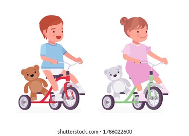 Toddler child, little boy and girl riding a tricycle with teddy bear. Cute sweet happy healthy baby, small children aged 12 to 36 months. Vector flat style cartoon illustration, white background