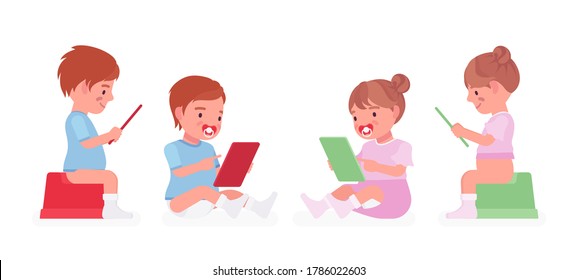 Toddler child, little boy and girl on a potty sitting with a tablet. Cute sweet happy healthy baby, children aged 12 to 36 months with soothie pacifier. Vector flat style cartoon illustration