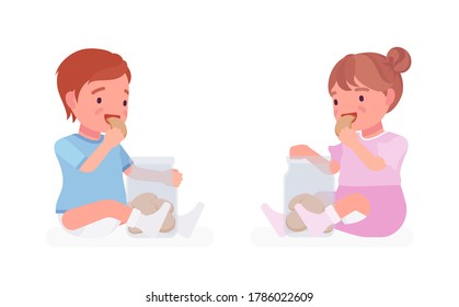 Toddler Child, Little Boy And Girl Eating Cookies From Jar. Cute Sweet Happy Healthy Baby, Children Aged 12 To 36 Months, Wearing Blue Tee Shirt, Diaper, Dress. Vector Flat Style Cartoon Illustration