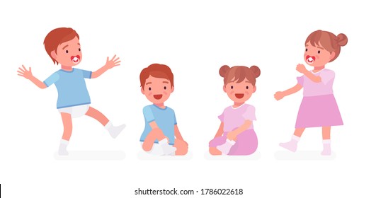 Toddler Child, Little Boy And Girl Expressing Different Good Emotions. Cute Sweet Happy Healthy Baby Aged 12 To 36 Months Wearing Blue Tee Shirt, Diaper, Dress. Vector Flat Style Cartoon Illustration