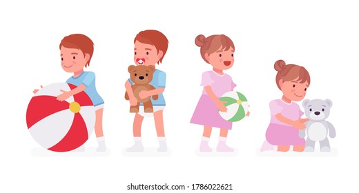 Toddler Child, Little Boy, Girl Playing With Inflatable Toy Ball, Teddy Bear. Cute Happy Healthy Baby Aged 12, 36 Months Wearing Blue Tee Shirt, Diaper, Dress. Vector Flat Style Cartoon Illustration