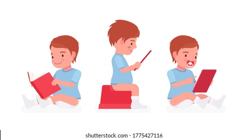 Toddler Child, Little Boy On Potty Sitting With Book, Tablet. Cute Sweet Happy Healthy Baby Aged 12 To 36 Months Wearing Blue Tee Shirt And Diaper. Vector Flat Style Cartoon Illustration