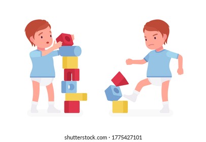 Toddler Child, Little Boy Playing With Stacking Cubes And Breaking Tower. Cute Sweet Happy Healthy Baby Aged 12 To 36 Months Wearing Blue Tee Shirt And Diaper. Vector Flat Style Cartoon Illustration