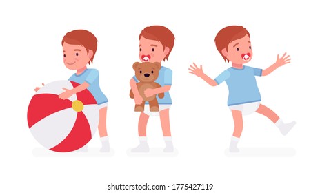 Toddler Child, Little Boy Playing With Inflatable Toy Ball, Teddy Bear. Cute Sweet Happy Healthy Baby Aged 12 To 36 Months Wearing Blue Tee Shirt And Diaper. Vector Flat Style Cartoon Illustration