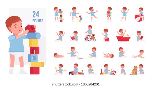 Toddler child, little boy playing with toys character set, pose sequences. Cute healthy baby 12 to 36 months wearing blue tee shirt, diaper. Full length, different views, gestures, emotions, positions