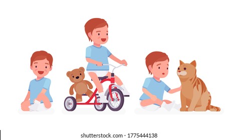 Toddler Child, Little Boy Riding Tricycle, Playing With Pet Cat. Cute Sweet Happy Healthy Baby Aged 12 To 36 Months Wearing Blue Tee Shirt And Diaper. Vector Flat Style Cartoon Illustration