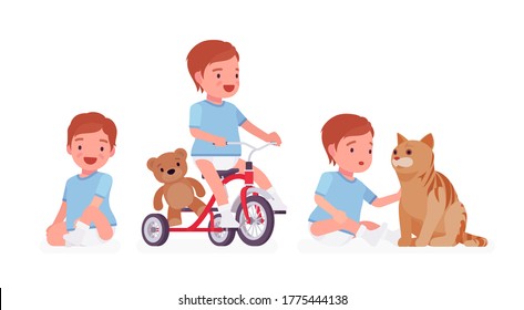 Toddler child, little boy riding tricycle, playing with pet cat. Cute sweet happy healthy baby aged 12 to 36 months wearing blue tee shirt and diaper. Vector flat style cartoon illustration