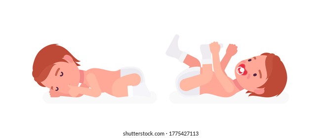 Toddler child, little boy sleeping calm, lying on his back. Cute sweet happy healthy baby aged 12 to 36 months with soothie pacifier, wearing diaper. Vector flat style cartoon illustration