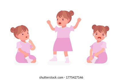 Toddler child, little girl expressing different emotions, crying in tears. Cute sweet happy and sad healthy baby aged 12 to 36 months wearing pretty pink dress. Vector flat style cartoon illustration