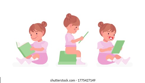 Toddler child, little girl on a potty sitting with book, tablet. Cute sweet happy healthy baby aged 12 to 36 months with soothie pacifier, wearing pretty dress. Vector flat style cartoon illustration