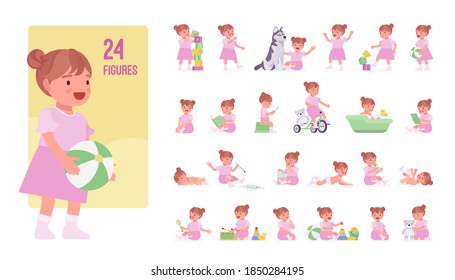 Toddler child, little girl playing with toys character set, pose sequences. Cute healthy baby 12 to 36 months wearing nice pink summer dress. Full length, different views, gestures, emotions, position