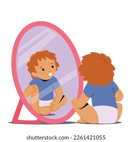 Toddler Child Sitting on Floor Gazing Into A Mirror, Observing Appearance, Exhibiting Expressions Of Amazement, Disbelief Or Self-discovery Isolated On White Background. Cartoon Vector Illustration