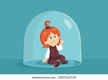 
Toddler Child Sitting Under a Dome by Overprotective Parents Vector Cartoon. Little girl being shielded from the outside dangerous world 
