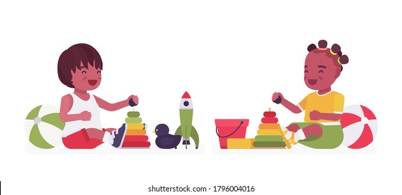 Toddler children, black little boy and girl enjoying play with sand toys. Cute happy baby aged 12 to 36 months, wearing comfortable summer outfits, kid clothes. Vector flat style cartoon illustration