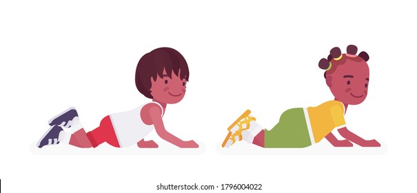 Toddler children, black little boy, girl enjoying crawling. Cute sweet happy healthy baby aged 12 to 36 months, wearing comfortable summer outfits, kid clothes. Vector flat style cartoon illustration