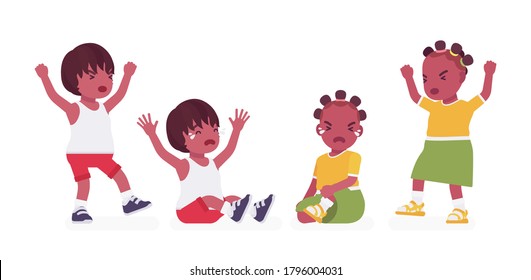 Toddler children, black little boy and girl expressing different emotions. Cute sweet healthy baby, aged 12 to 36 months, wearing comfortable summer outfits. Vector flat style cartoon illustration