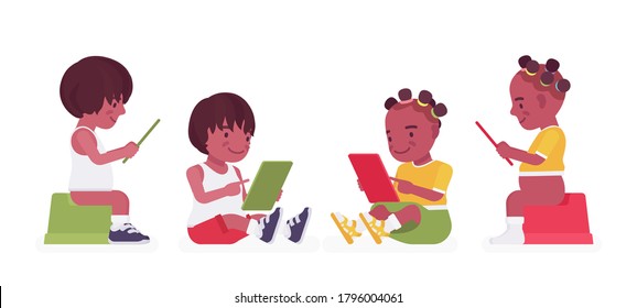 Toddler children, black little boy and girl sitting on a potty, watching a tablet device. Cute sweet happy healthy baby aged 12 to 36 months. Vector flat style cartoon illustration