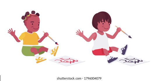 Toddler children, black little boy and girl enjoying drawing a picture. Cute sweet happy healthy baby aged 12, 36 months, wearing comfortable kid clothes. Vector flat style cartoon illustration