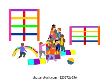 Toddler children slide down vector illustration. Kids get down at toboggan. Indoor playground birthday celebration. Roller coaster. Happy kids playing on slide, boys and girls together. Nursery school