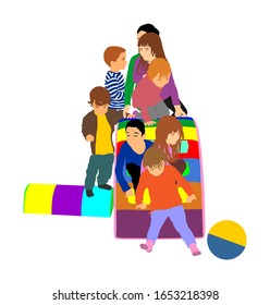 Toddler children slide down vector illustration. Kids get down at toboggan. Indoor playground birthday celebration. Roller coaster. Happy kids playing on slide, boys and girls together. Nursery school