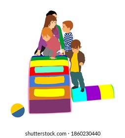 Toddler children slide down vector illustration. Kids get down at toboggan. Indoor playground birthday celebration. Roller coaster. Happy kids playing on slide, boys and girls together. Nursery school