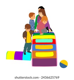 Toddler children slide down vector illustration. Kids get down at toboggan. Indoor playground birthday celebration. Roller coaster. Happy kids playing on slide, boys and girls together. Nursery school