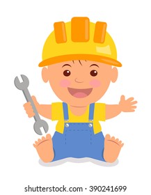 Toddler in the construction hardhat with a wrench in his hand. Isolated child in a helmet, yellow T-shirt and blue overalls with suspenders.