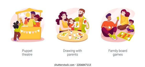 Toddler Creativity Development In Home Education Isolated Cartoon Vector Illustration Set. Puppet Theatre, Drawing With Parents, Family Board Games, Children Play In Home Theatre Vector Cartoon.