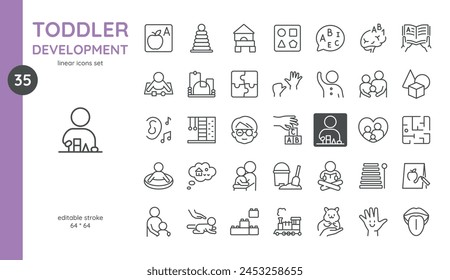 Toddler Development Icons Set. Editable Stroke 64x64 Linear Vector for Parenting, Early Learning and Child Growth.