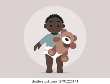 Toddler in a diaper lovingly holding a teddy bear in a cozy room during a playful afternoon