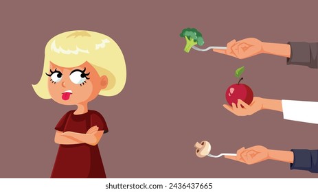 
Toddler Disliking the Food Presented by her Family Vector Character. Unhappy disgusted little kid hating on the menu at home 
