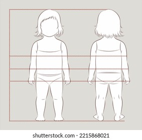 Toddler figure. Body proportions for sewing clothing. Chest waist hips line. Girl silhouette. Front and back view Fashion croquis Vector illustration.