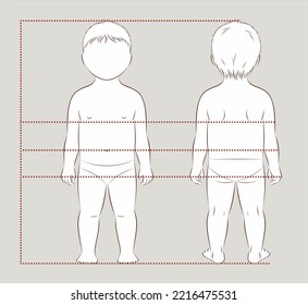 Toddler figure. Body proportions for sewing clothing. Chest, waist, hips line. Boy silhouette. Front and back. Outline sketch. Vector illustration.