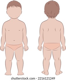 Toddler figure. Boy body silhouette. Front and back view. Child sketch. Fashion croquis template for technical drawing. Vector illustration.