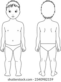 Toddler figure. Front and back. Child body silhouette. Fashion croquis template for technical drawing. Outline sketch. Vector illustration.