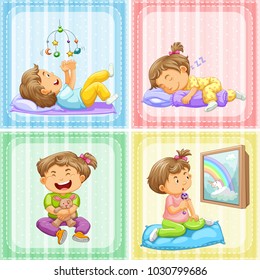 Toddler in four different actions illustration