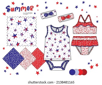 Toddler Girl Bodysuit Swimwear Illustration Americana Stars  Background and Polka Dot Patterns