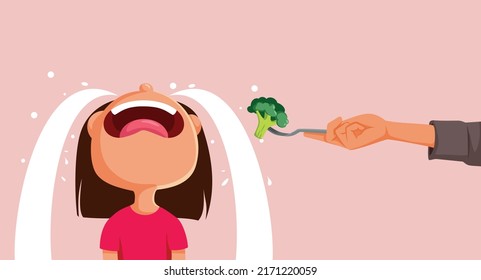 
Niña pequeña que llora negándose a comer una ilustración de un vector de brócoli. Mamá está pasando un mal rato tratando de alimentar a su hijo con comidas saludables
