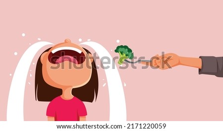 
Toddler Girl Crying Refusing to Eat Broccoli Vector Cartoon Illustration. Mom having a hard time trying to feed her child healthy meals
