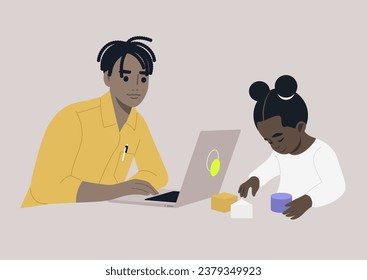 A toddler girl deeply engrossed in her building blocks, while a parent works on their laptop nearby, skillfully juggling both work and family responsibilities