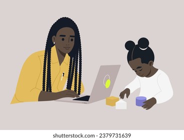 A toddler girl deeply engrossed in her building blocks, while a parent works on their laptop nearby, skillfully juggling both work and family responsibilities