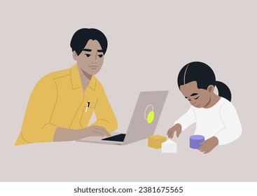 A toddler girl deeply engrossed in her building blocks, while a parent works on their laptop nearby, skillfully juggling both work and family responsibilities