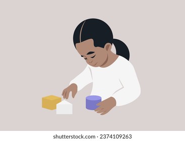A toddler girl deeply focused on her vibrant, various-shaped building blocks, playing with them and simultaneously learning through the process